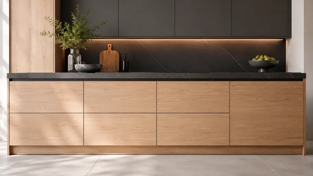Cocina contemporánea de frentes lisos en madera clara y granito